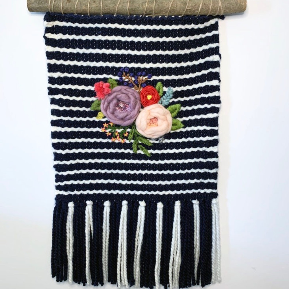Handmade Woven Wall Hanging Breton Stripes Floral Weaving Tapestry Boho Wall Art